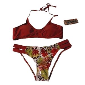 Shekini Women's Rust Tropical Print Front Ruched Cutout Strappy‎ Halter Bikini M